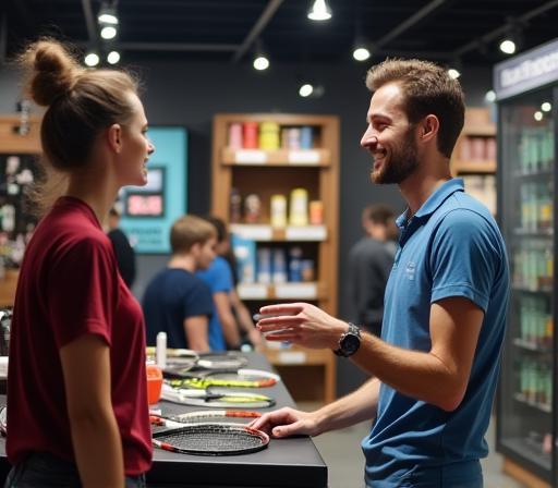Interior of Emirates Racket Sports store showing equipment and friendly staff member assisting a customer
