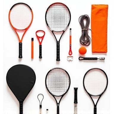 An assortment of racket sports accessories like grips, bags, and nets
